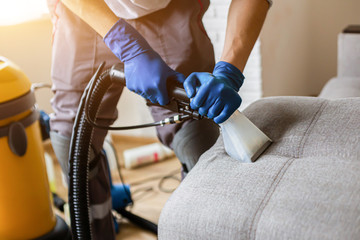 Cleaning service. Man janitor in gloves and uniform vacuum clean sofa with professional equipment - obrazy, fototapety, plakaty