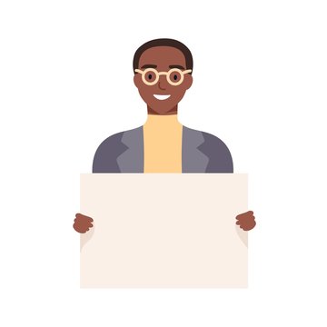 Smiling african american guy holding empty placard isolated on white background. Trendy young man carrying blank sheet with a place for text. Vector illustration in flat cartoon style