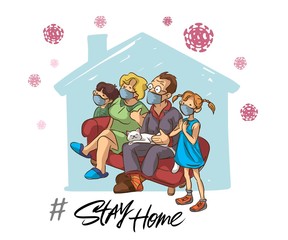 The family and the cat in the white medical mask to prevent the virus stay at home, the whole family isolates themselves on the couch, adult and elderly children stay at home in quarantine
