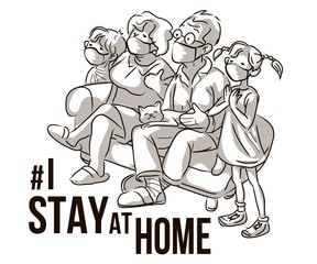 Obraz premium The family and the cat in the white medical mask to prevent the virus stay at home, the whole family isolates themselves on the couch, adult and elderly children stay at home in quarantine
