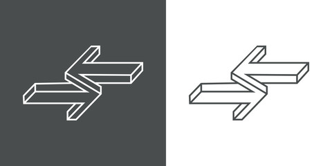 Icono lineal flechas dos direcciones con perspectiva imposible en fondo gris y fondo blanco
