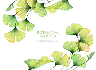 Watercolor floral background. Card template with transparent green leaves and place for text. Hand painted artwork with Maidenhair tree. Realistic and botanical illustration
