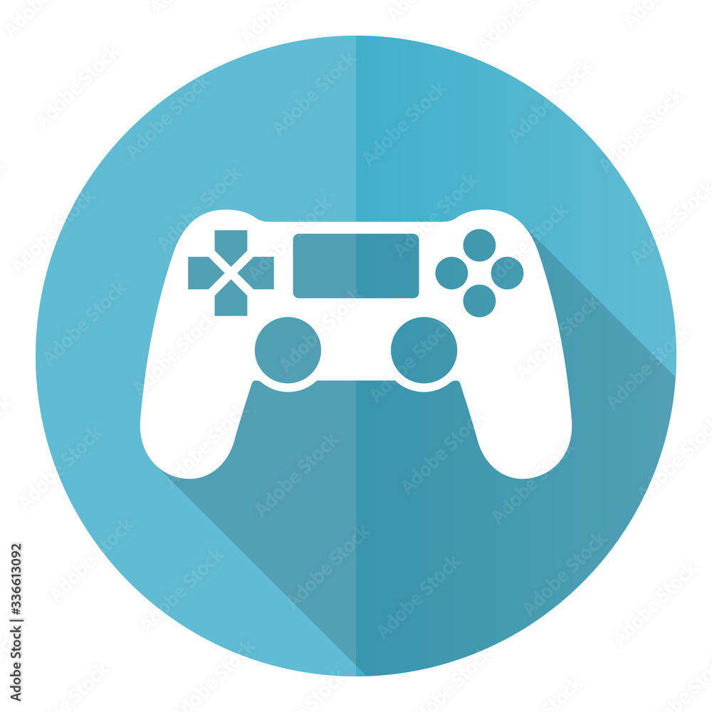 Poster wireless gaming controller blue round flat design vector icon isolated on white background, gamepad 