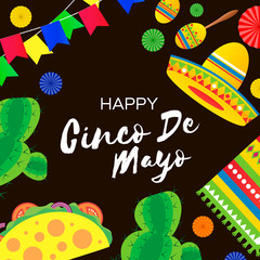 Happy Cinco de Mayo Banner in paper cut style. Origami Fan, tacos. Cactus and sombrero. Mexico, Carnival.Space for text. Black background.