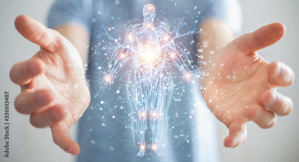 Poster Man using digital x-ray human body holographic scan projection 3D rendering