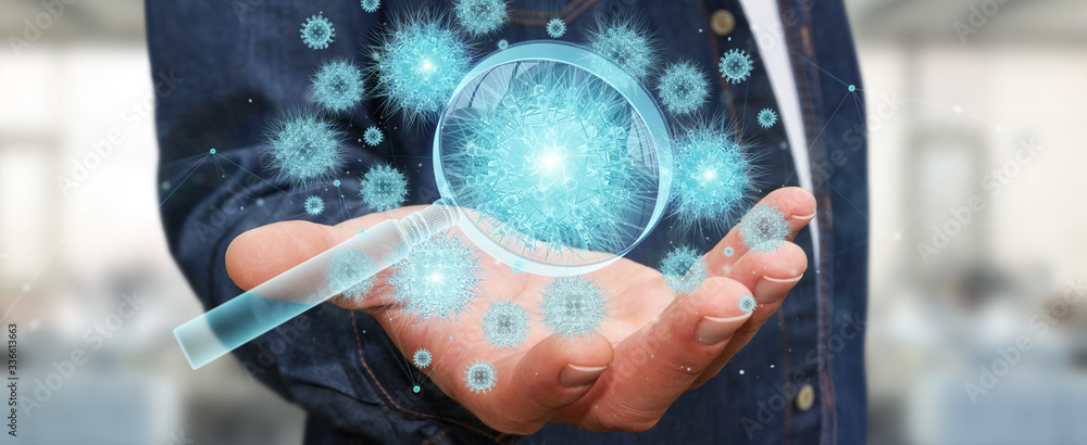 Aufkleber Man analyzing holographic coronavirus projection through magnifying glass 3D rendering