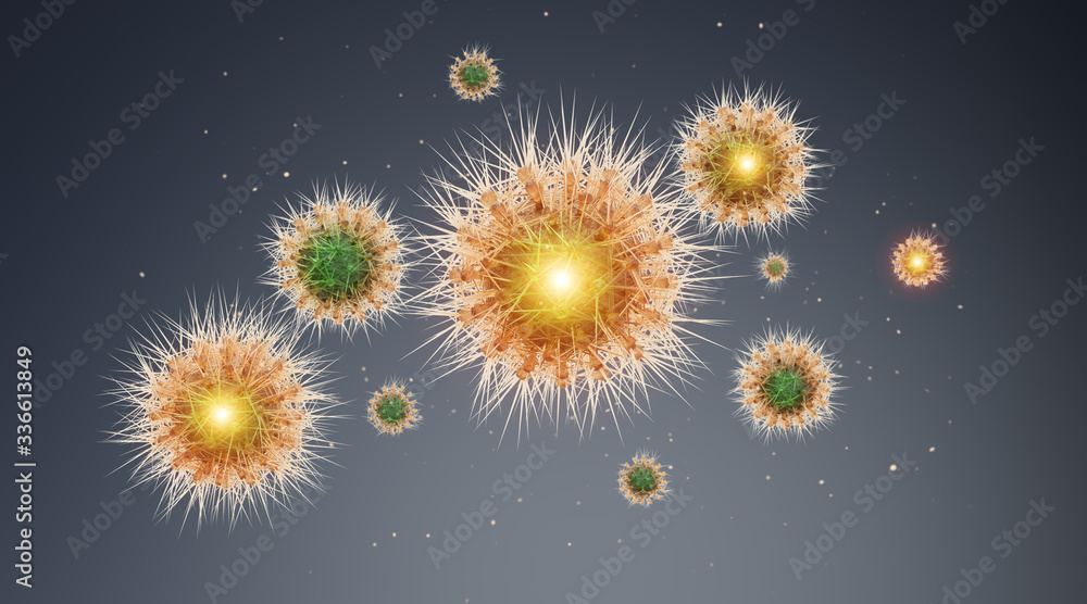 Poster microscope close-up of the coronavirus covid-19 disease. 2019-ncov spreading in body. 3d rendering o