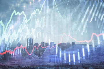 Forex graph on city view with skyscrapers background multi exposure. Financial analysis concept.