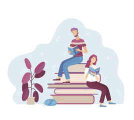 Young man and woman reading books