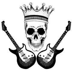 Vector skull with crown with guitars. Logo for shirt, musical poster