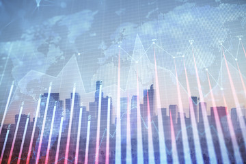Forex chart on cityscape with skyscrapers wallpaper double exposure. Financial research concept.