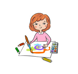 Little girl draws paints