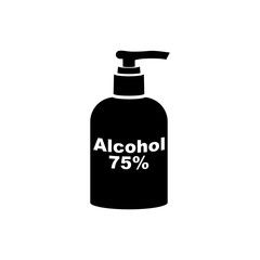 Black icon bottle of antibacterial alcohol 75. Sanitary product for hand washing. Hygienic gel in public place. Prevention coronavirus covid-19. Alcohol liquid flat icon. Vector illustration.