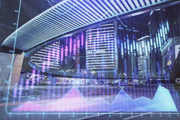 Fototapeta premium Forex chart on cityscape with tall buildings background multi exposure. Financial research concept.