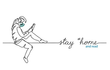 Stay at home and read. Girl wears medical face mask and reads book. One continuous line drawing vector web banner, background, poster.