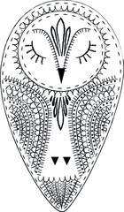 Vector linear hand drawn owl bird with ethnic folk ornaments and closed eyes on white background