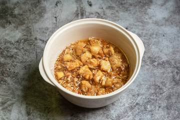 Garlic cracklings with lard; good and delicious oil for health.