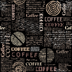 Panele Szklane  Kawa. Abstrakcyjny wzór kawy z napisem. Bezszwowe wektor wzór.