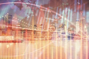 Financial chart on city scape with tall buildings background multi exposure. Analysis concept.