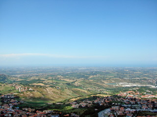 Panoramic top view of the endless Adriatic that merges with clear blue skies on the horizon on a sunny summer day.