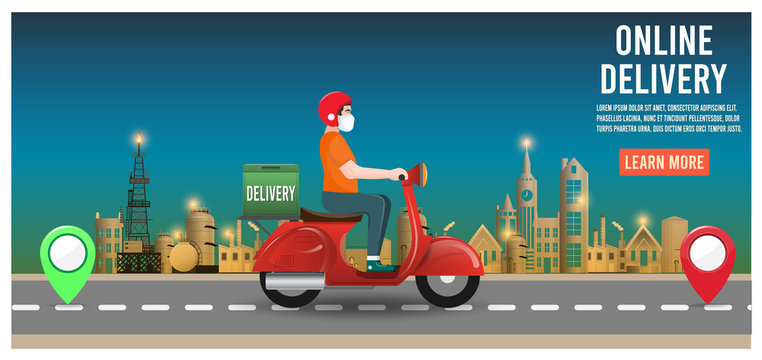 Online delivery service concept with delivery man ride scooter delivering parcel box. 
vector illustration.