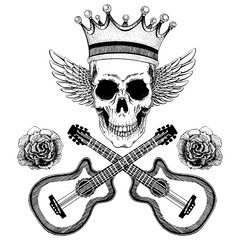 Vector skull with wings in crown with guitars. Logo for shirt, musical poster