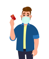 Hipster young man wearing medical mask and showing credit, debit, ATM card. Trendy person covering face protection from virus disease. Male character design. Cartoon illustration in vector style.