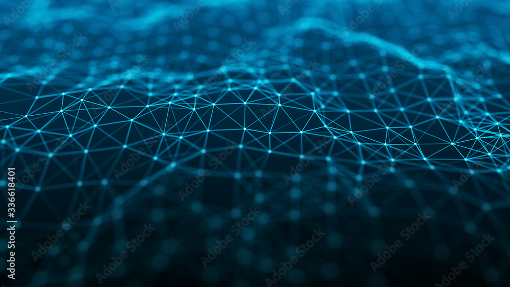 Poster network of bright connected dots and lines. abstract dynamic wave of many points. digital background