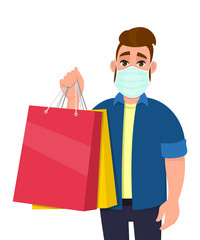 Hipster young man wearing medical mask and holding shopping bags. Trendy person covering face protection from virus. Male character showing colourful packages. Cartoon illustration in vector style.