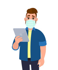 Hipster young man wearing medical mask and holding tablet computer. Trendy person covering face protection from virus. Modern technology lifestyle. Male character design cartoon illustration in vector