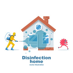Fototapeta na wymiar Disinfection home. Prevention controlling epidemic of coronavirus covid-2019. Worker in hazmat suit does sanitization. Chemical protection. Vector illustration flat design. Cleaner in hand.