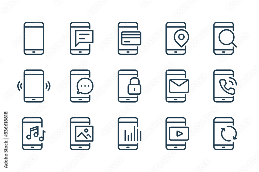 Poster mobile phone functions and settings line icons. smartphone technology vector linear icon set.