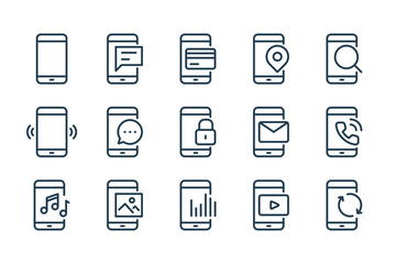 Mobile Phone Functions and Settings line icons. Smartphone technology vector linear icon set.