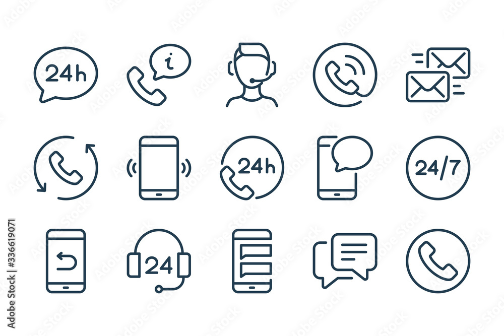 Poster support and call center line icons. helpline and support service vector linewar icon set.