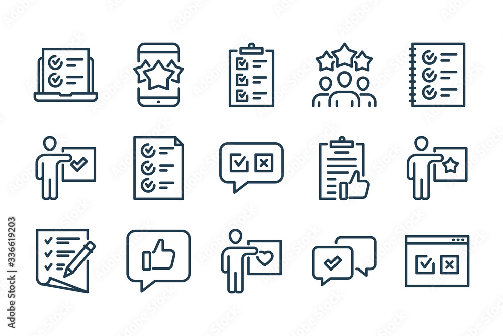 Poster survey, review and feedback related line icon set. quiz and questionary vector icons.