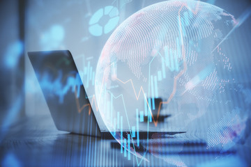 Multi exposure of chart and financial info and work space with computer background. Concept of international online trading.