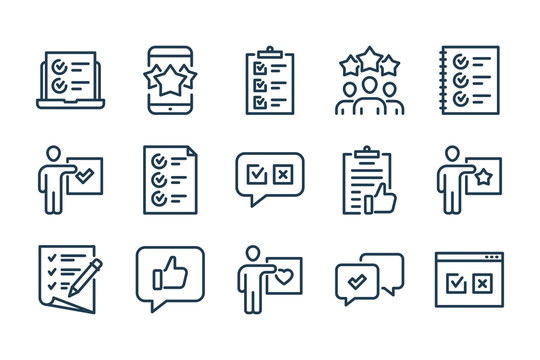 Survey, Review and Feedback related line icon set. Quiz and Questionary vector icons.