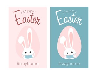 happy easter. stay home. coronavirus bunny with medical mask. covid-19 bunny. CORONAVIRUS EASTER RABBIT. Easter bunny isolated on blue background.