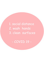COVID-19 Coronavirus health safety guidelines. Text board in public space with rules, practice social distancing, wash hands often, clean surfaces, sanitizing surface. 
Illustration message.