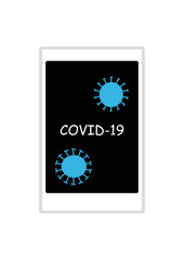 Corona virus news online read at home on tablet. COVID-19 text written on black touchscreen with coronavirus drawing. 