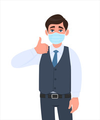 Young businessman wearing medical mask and showing thumbs up sign. Trendy person in waistcoat covering face protection and gesturing good symbol. Male character cartoon illustration design in vector.