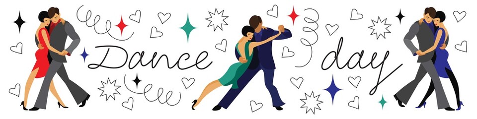banner for the dance day. three elegant couples dance the tango. the inscription dance day.  horizontal format, drawing in the cartoon style. stock vector illustration. EPS 10.