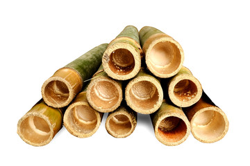 A hollowed bamboo to make lemang isolated on a white background. Lemang a traditional food made of glutinous rice, coconut milk and salt, cooked in a stick lined with banana leaves.