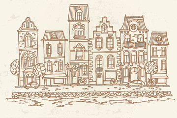 Vector sketch of Traditional architecture in the town of Bruges (Brugge), Belgium
