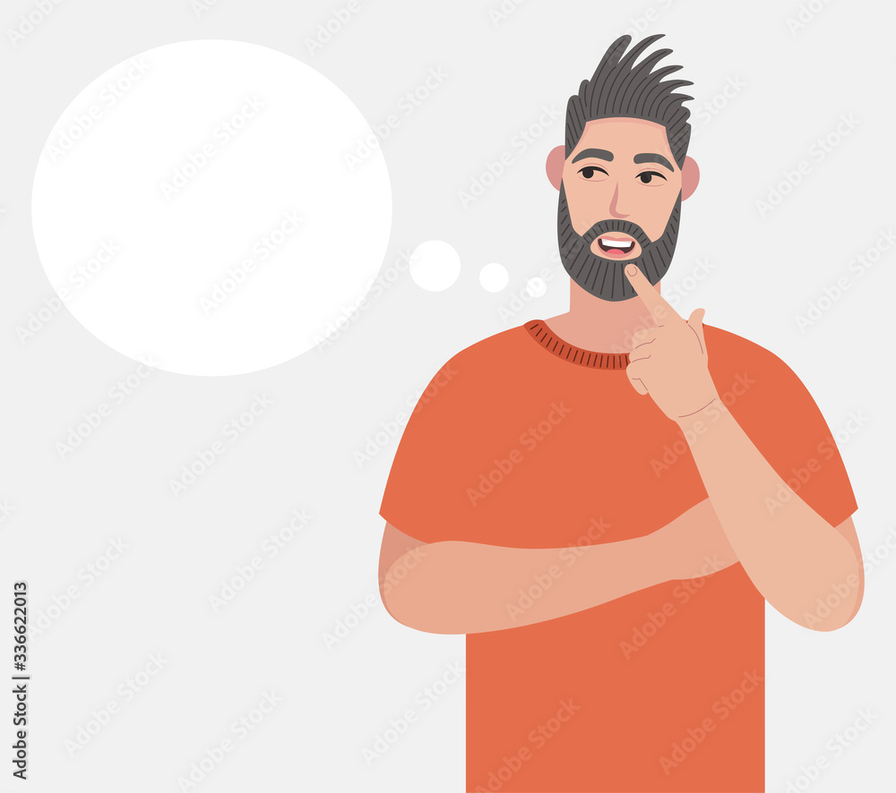 Poster bearded man thinking. pondering on particular belief or idea, empty cloud bubble for text or image. 