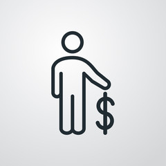 Icono plano lineal hombre de pie con símbolo dólar en fondo gris