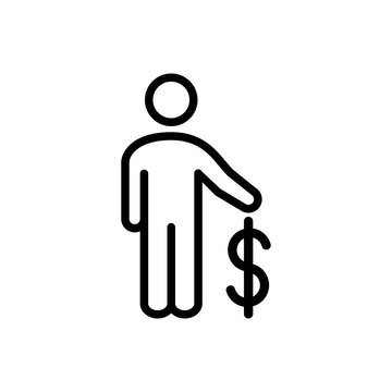 Icono plano lineal hombre de pie con símbolo dólar en color negro