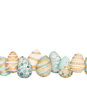 Easter border in watercolor style. Beautiful seamless border with easter eggs. Can be used for printed products: wallpaper, wrapping paper, napkins, postcards, stickers, printing on fabric.