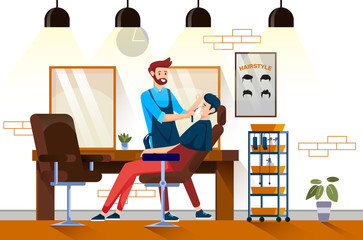 a bearded hair barber cuts a man client's mustache and beard at a men's barber shop. Barber shop interior design with chairs, mirrors, tables. Vector illustration of a modern flat landing page