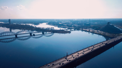 Fototapeta na wymiar Aerial View to the Riga Bridge and Old Town, Latvia